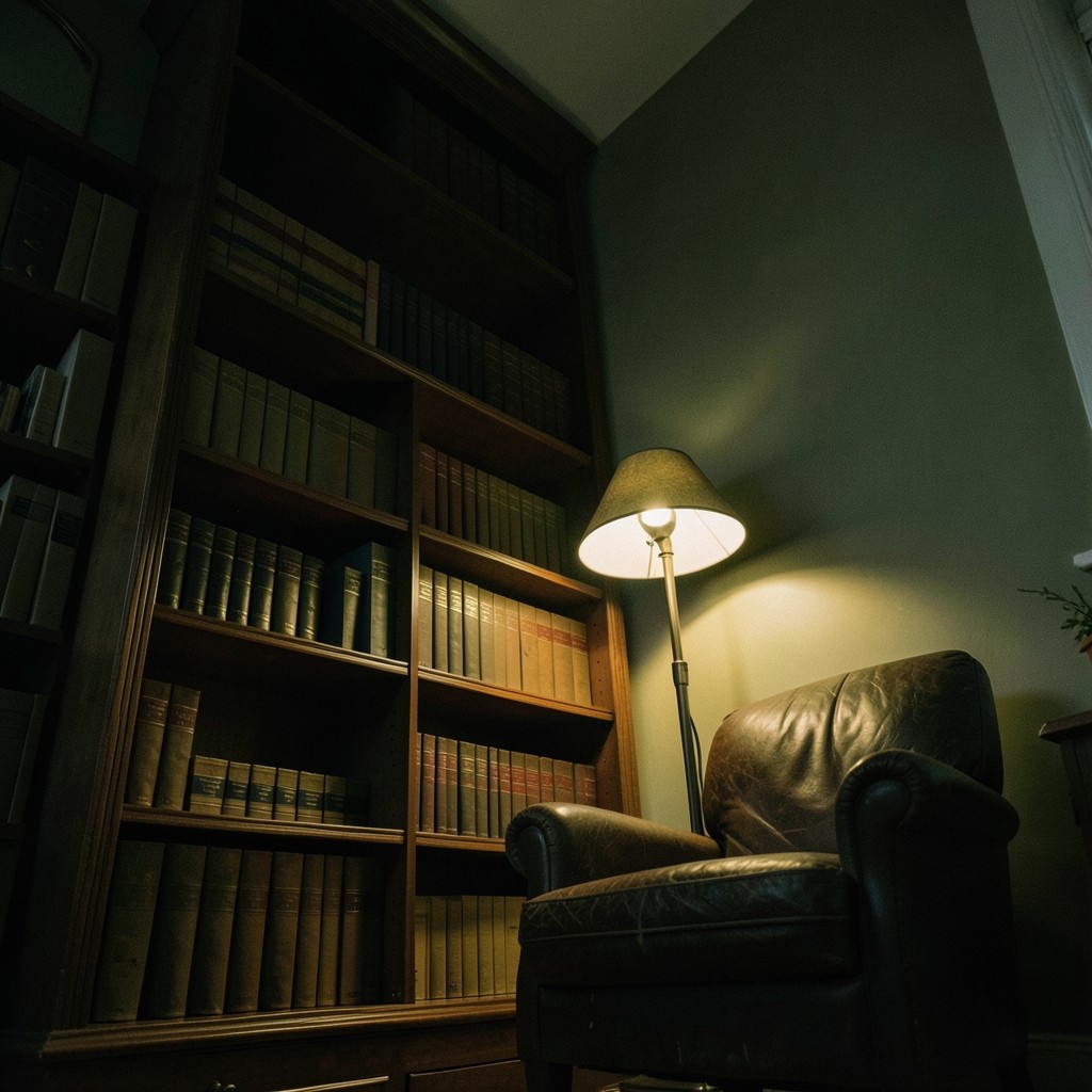A quiet reading room at night, shelves of printed protocol papers under a single hanging lamp