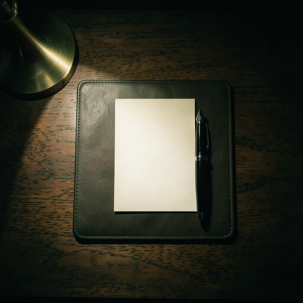 A desk with a letter, a pen, and a reading lamp in a dark room