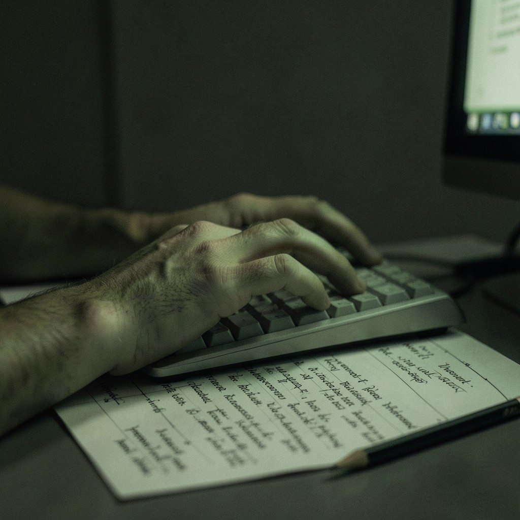 Hands typing on a keyboard in the dark, lit only by the green glow of a terminal window