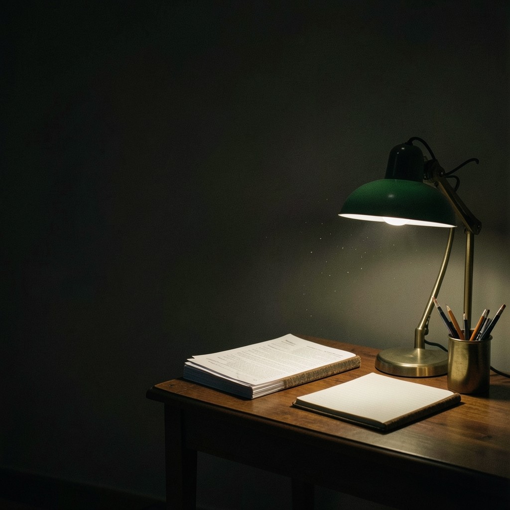 Annotated pages and index cards in shadow, lit by a single desk lamp with an olive-green glow