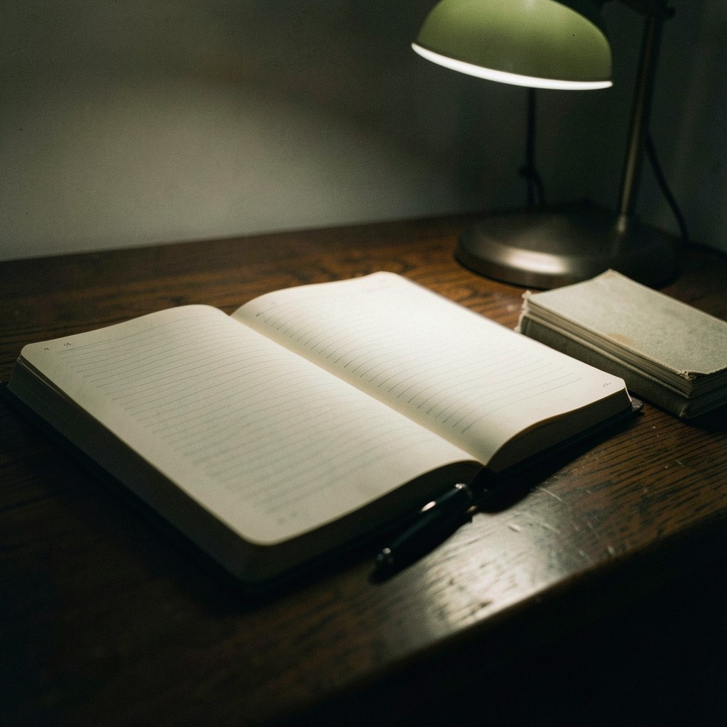 A ledger book open on a dark desk, columns of figures lit by one narrow beam of light