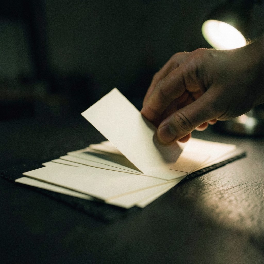 A stack of index cards with handwritten questions, lit from one side on a dark desk