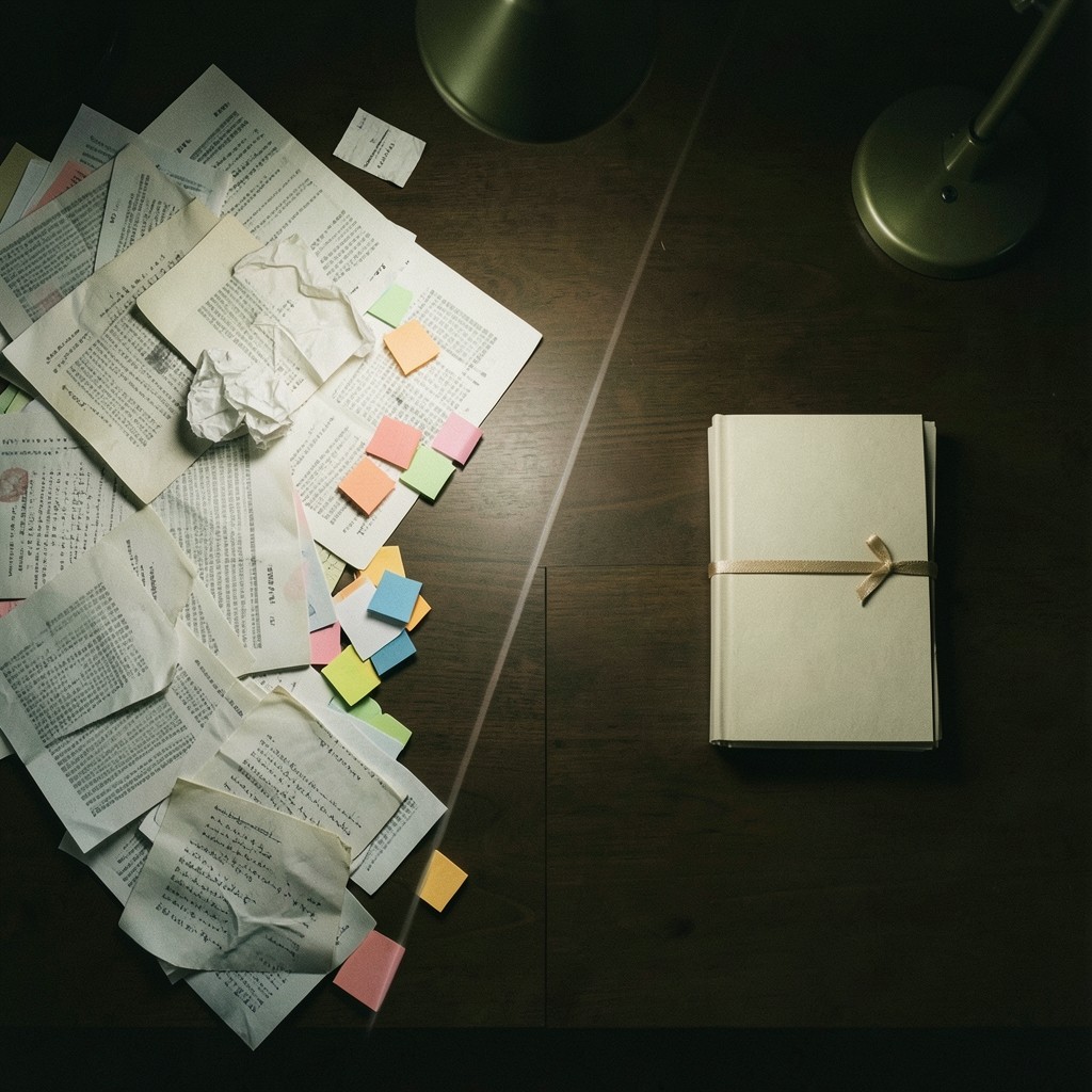 A reader's desk at night, one lamp over printed protocol papers covered in margin notes