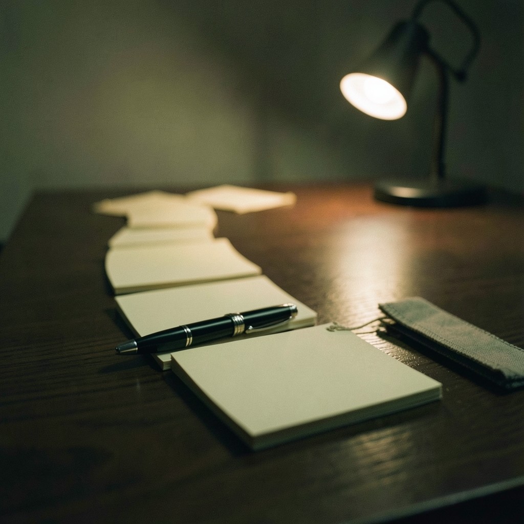 A small reading circle around a dark table, printed guides and notebooks open under one warm lamp